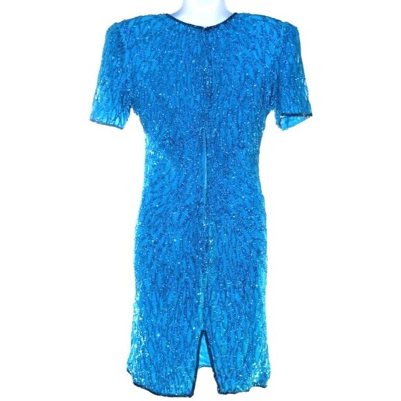 Vintage 80s Laurence Kazar Teal Beaded Sequin Silk Mini Cocktail Dress M - Picture 5 of 10